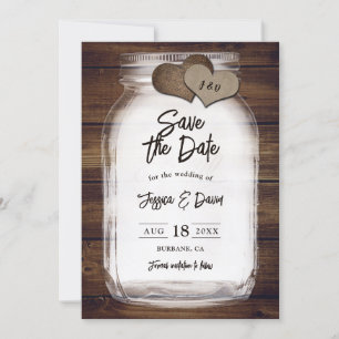 Mason Jar Barn Wood Burlap Hearts Monogram Wedding Save The Date
