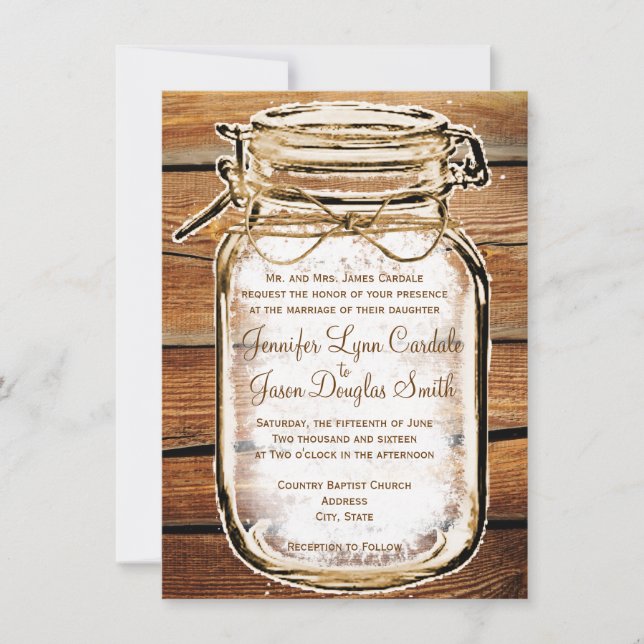 Mason Jar Barn Wood Rustic Wedding Invitations (Front)
