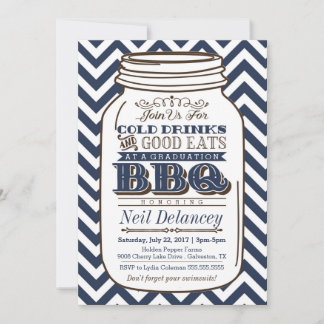Mason Jar BBQ Graduation Invitation, Chevron Navy Invitation