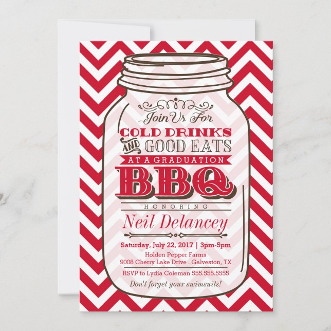 Mason Jar BBQ Graduation Invitation, Chevron Red Invitation (Front)