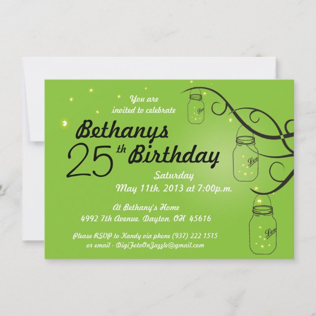 Mason Jar Birthday Invitation in Lime Green (Front)