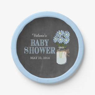 Mason Jar Blue Flowers Chalkboard Baby Shower Paper Plate