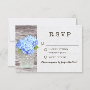 Mason Jar Blue Hydrangea Barn Wood Wedding RSVP Card