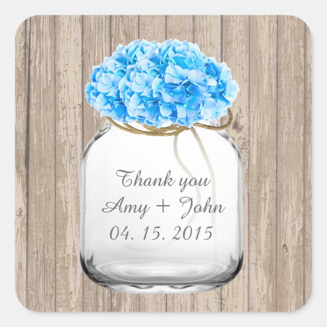 Mason jar blue hydrangea wedding favours hyd2 square sticker (Front)