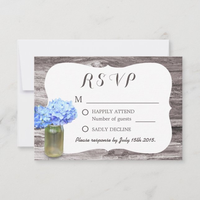Mason Jar Blue Hydrangea Wood Wedding RSVP Card (Front)