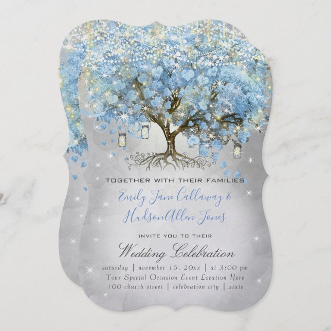 Mason Jar Blue Silver Heart Leaf Tree Fairy Lights Invitation (Front/Back)