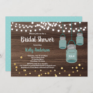 Mason Jar bridal shower invitation. Turquoise Invitation