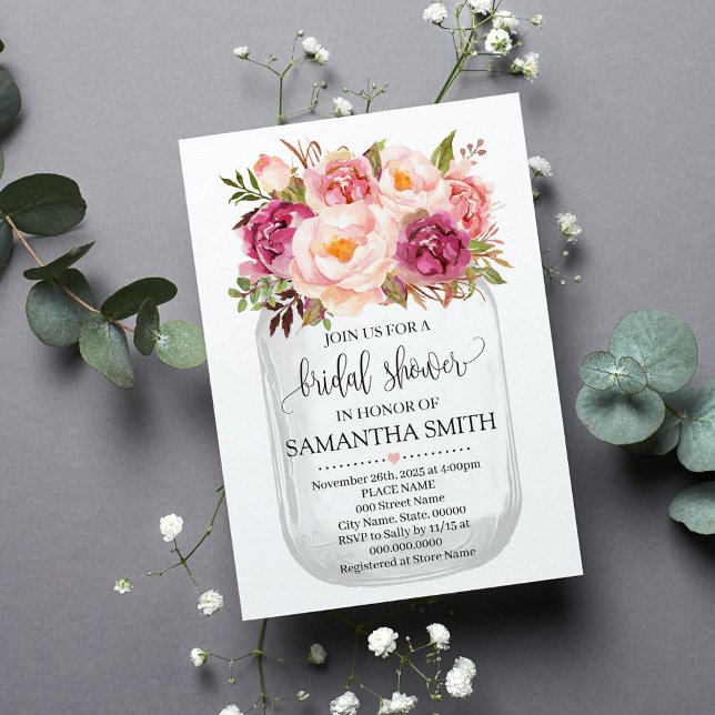 Mason jar bridal shower Pink floral country chic Invitation (Creator Uploaded)