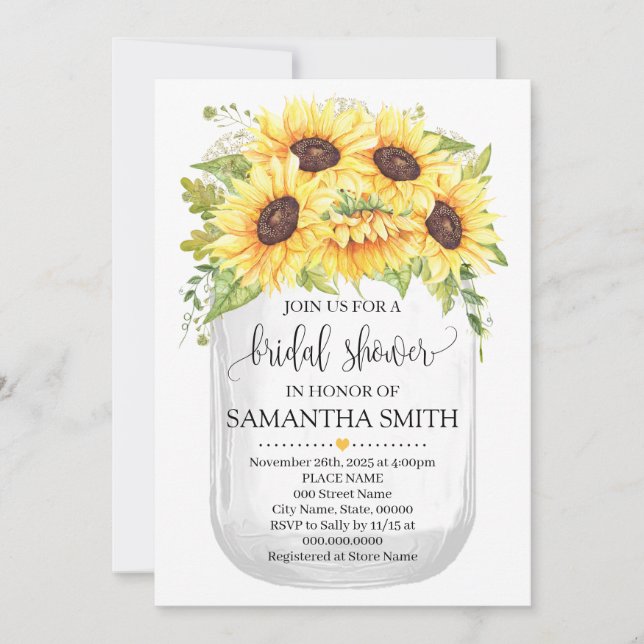 Mason jar bridal shower sunflowers country chic invitation (Front)