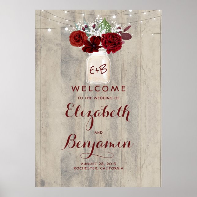 Mason Jar Burgundy Floral Wedding Welcome Sign (Front)