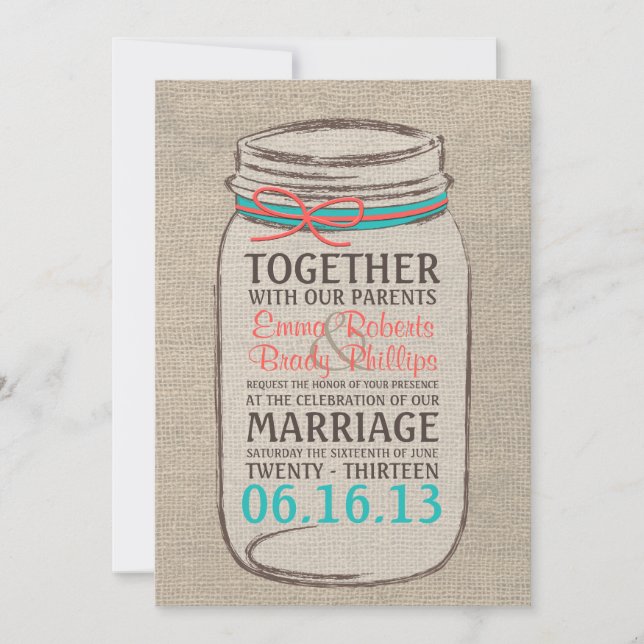 Mason Jar Burlap Rustic Wedding Invitation (Front)