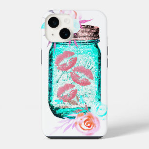 Mason jar butterfly kiss floral pink teal grey iPhone 14 case