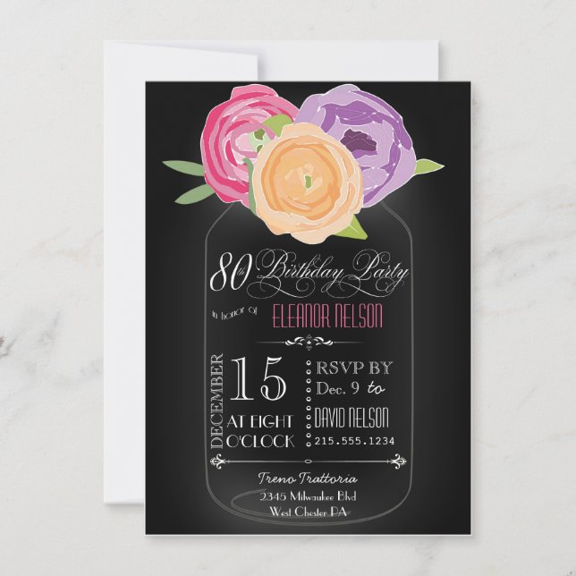 Mason Jar Chalkboard 80th Birthday Invitation (Front)