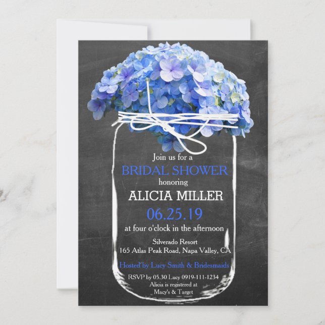 Mason Jar Chalkboard Blue Hydrangeas Bridal Shower Invitation (Front)