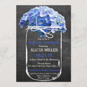 Mason Jar Chalkboard Blue Hydrangeas Bridal Shower Invitation