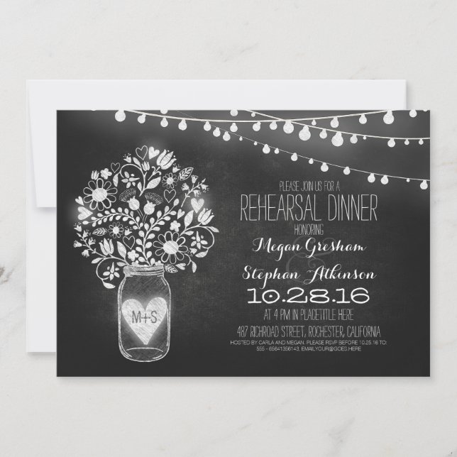 mason jar chalkboard string light rehearsal dinner invitation (Front)