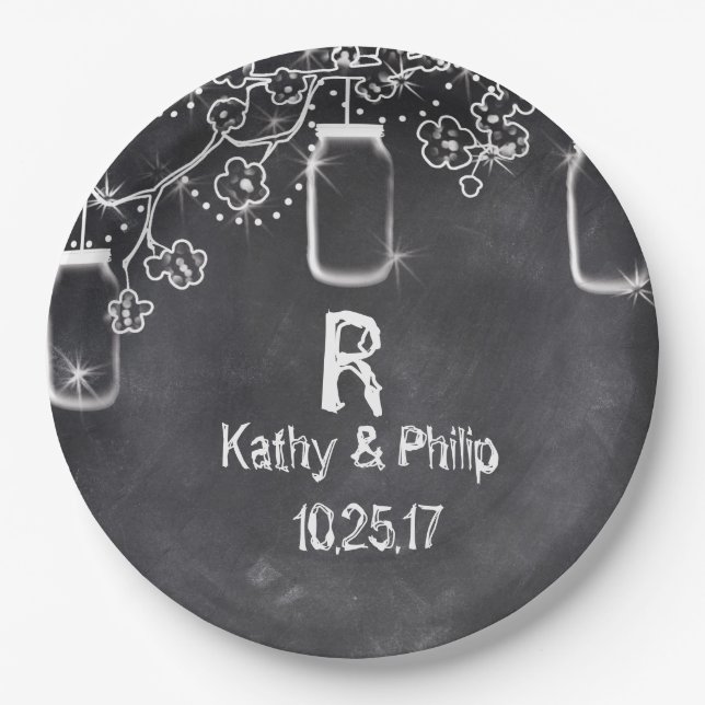 Mason Jar Chalkboard String Lights Rustic Wedding Paper Plate (Front)