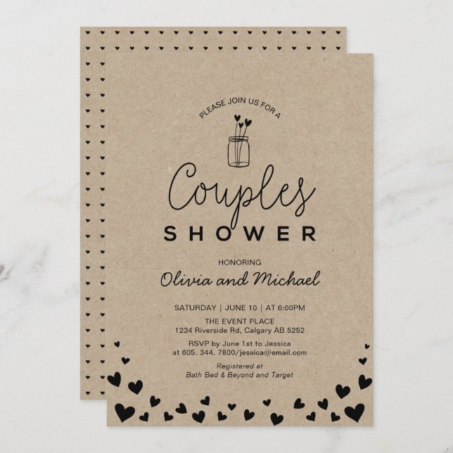 Mason Jar, Chic Kraft Black Couples Wedding Shower Invitation (Front/Back)