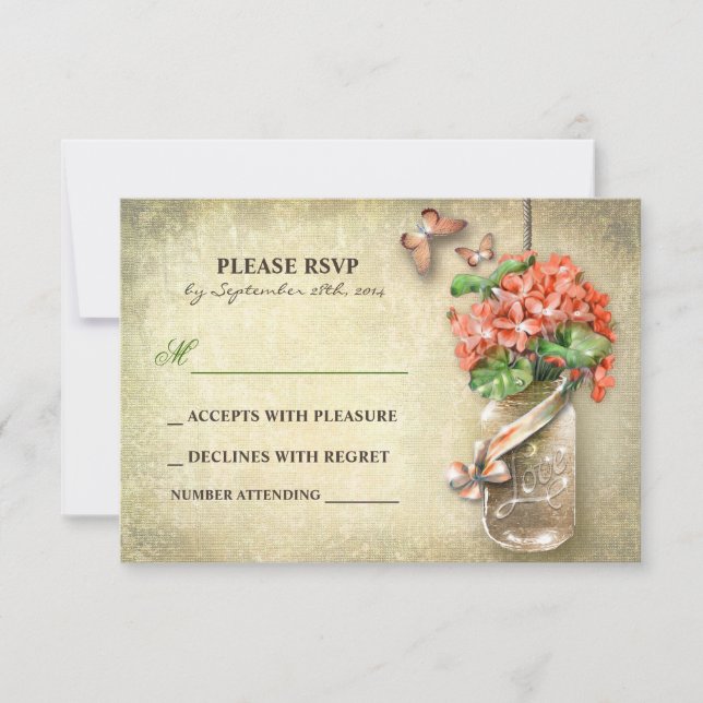 mason jar & coral flowers RSVP cards (Front)
