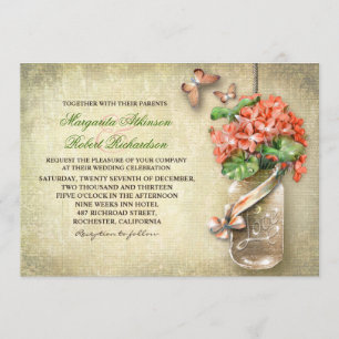 mason jar & coral flowers rustic wedding invites