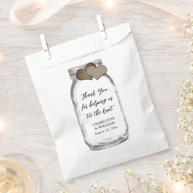 Mason Jar Country Burlap Hearts Thank You Wedding Favour Bag (Clipped)