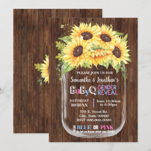 Mason jar country chic gender reveal sunflowers invitation