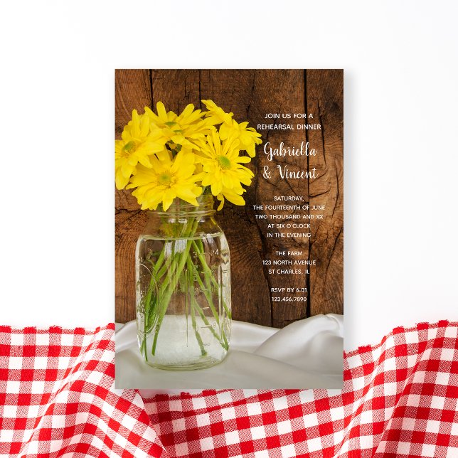 Mason Jar Daisies Country Wedding Rehearsal Dinner Invitation (Creator Uploaded)