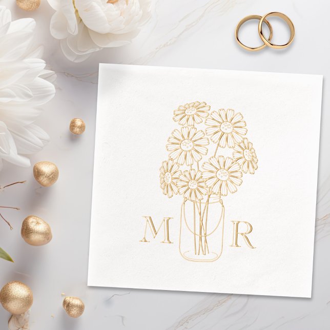 Mason Jar Daisies Monogram Initials Wedding Foil Napkins (Creator Uploaded)