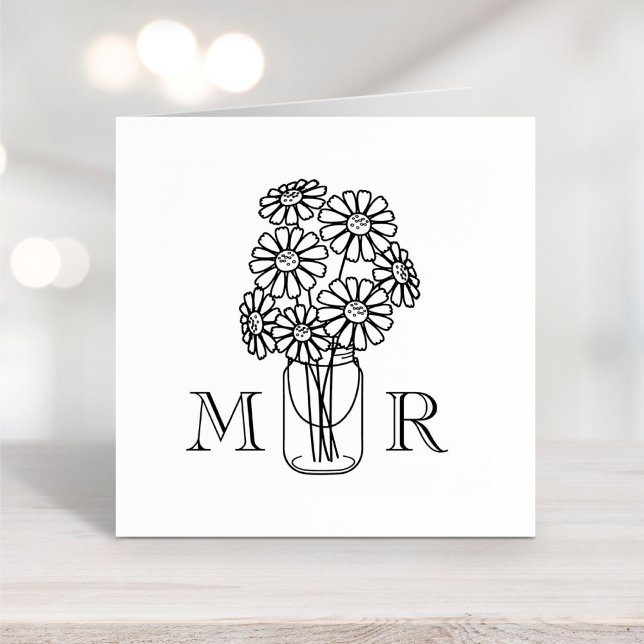 Mason Jar Daisy Flowers Wedding Monogram Initials Rubber Stamp (Creator Uploaded)