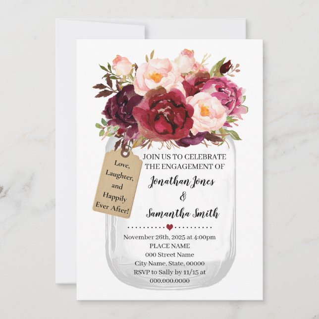 Mason jar engagement marsala country chic invitation (Front)