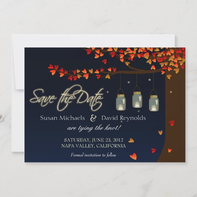 Mason Jar Fireflies Oak Tree Save the Date (Front)