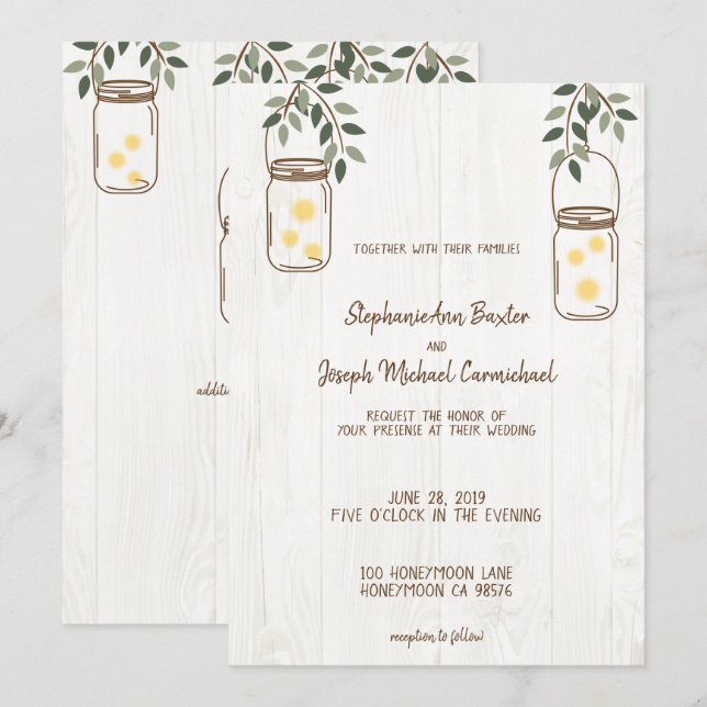 Mason Jar & Fireflies Rustic Wedding Invitations (Front/Back)