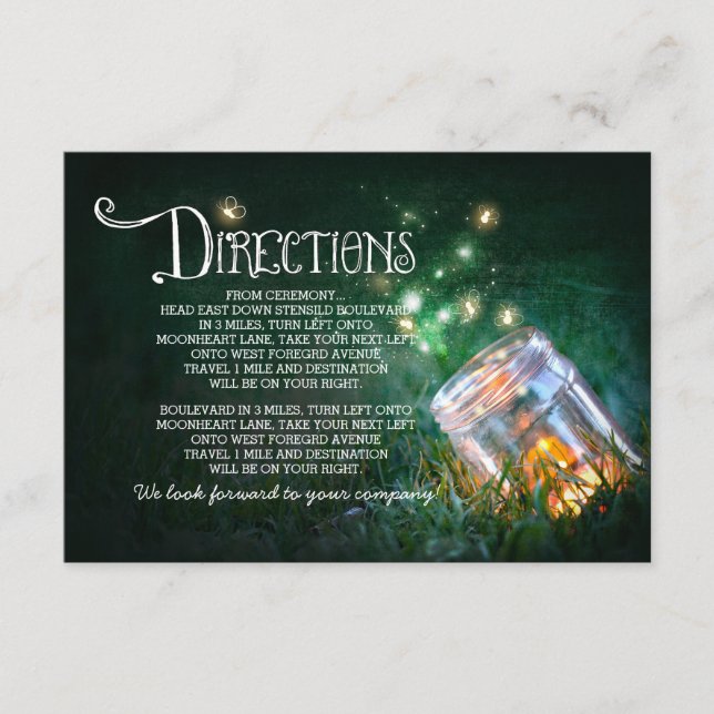 mason jar fireflies wedding directions card (Front)