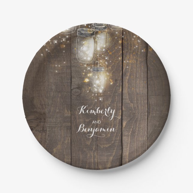 Mason Jar Firefly Lighting Rustic Wedding Paper Plate (Front)