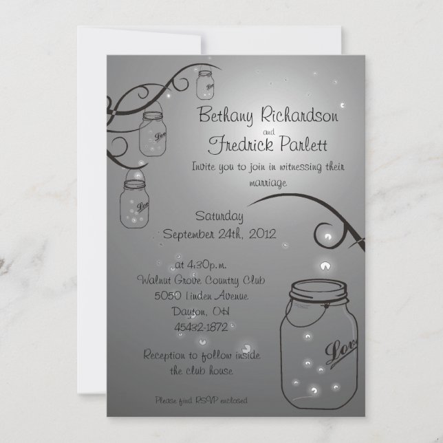 Mason Jar Firefly Wedding Invitation Grey Black (Front)