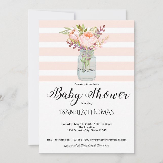 Mason Jar Floral Bouquet Blue Stripes Baby Shower Invitation (Front)