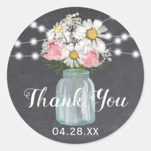 Mason Jar Floral Chalkboard String Light Thank You Classic Round Sticker