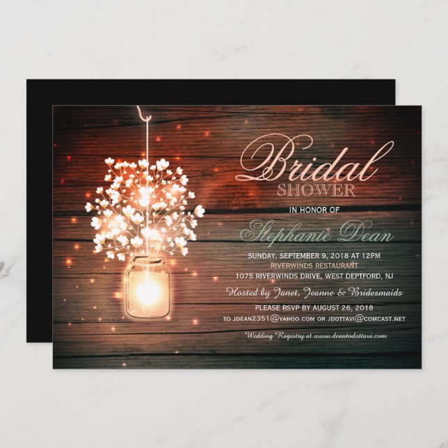 Mason Jar floral rustic bridal shower invitation (Front/Back)