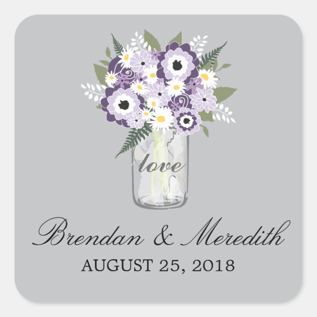 Mason Jar Floral Wedding Square Sticker (Front)