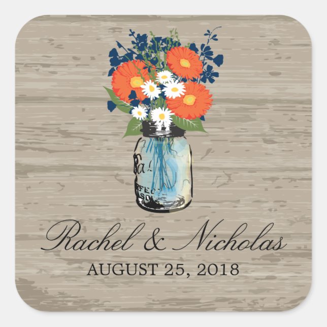 Mason Jar Floral Wedding Square Sticker (Front)