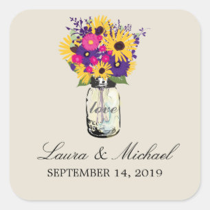 Mason Jar Floral Wedding Square Sticker