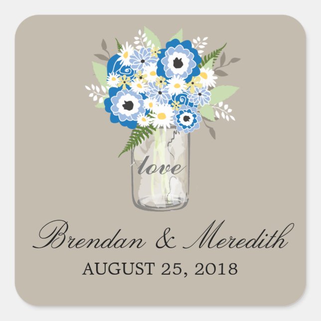 Mason Jar Floral Wedding Square Sticker (Front)