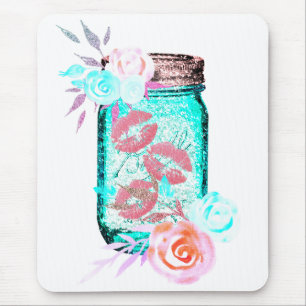Mason jar flower butterfly kiss cute pink lip teal mouse pad