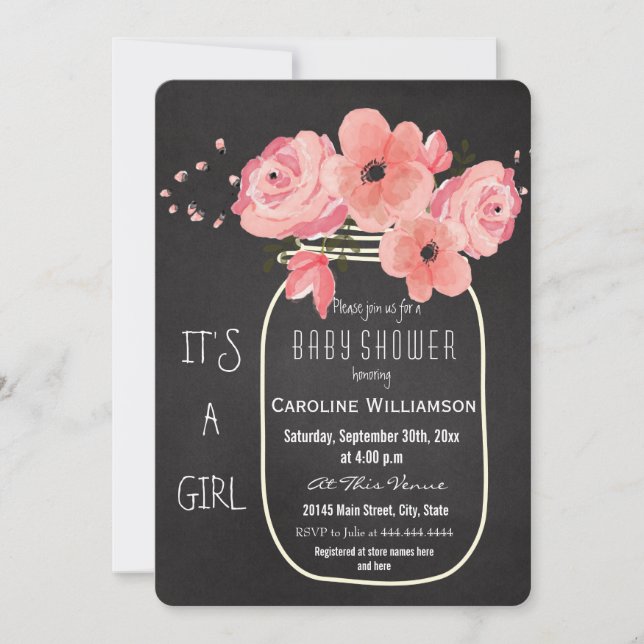 Mason Jar Flowers Chalkboard Baby Shower Invitation (Front)