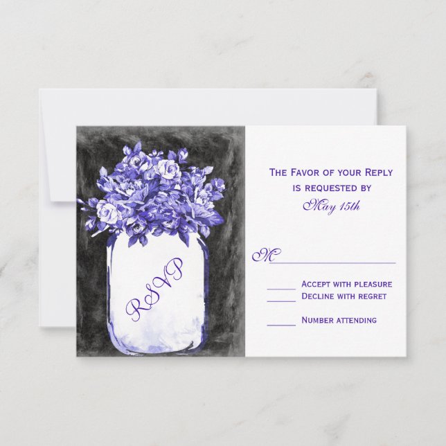 Mason Jar Flowers Chalkboard Indigo RSVP Cards (Front)