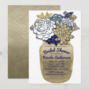 Mason Jar Flowers Rustic Blue Gold Floral Bridal Invitation