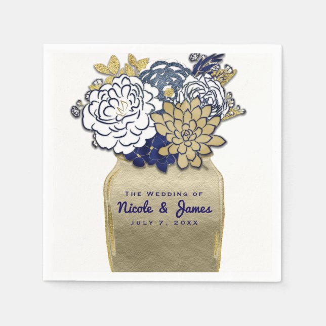 Mason Jar Flowers Rustic Blue Gold Floral Bridal Napkin (Front)