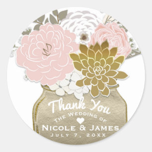 Mason Jar Flowers Rustic Floral Pink & Gold Chic Classic Round Sticker