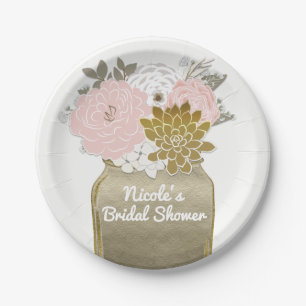 Mason Jar Flowers Rustic Floral Pink & Gold Chic Paper Plate