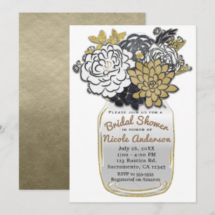 Mason Jar Flowers Rustic Grey Gold Floral Chic Invitation